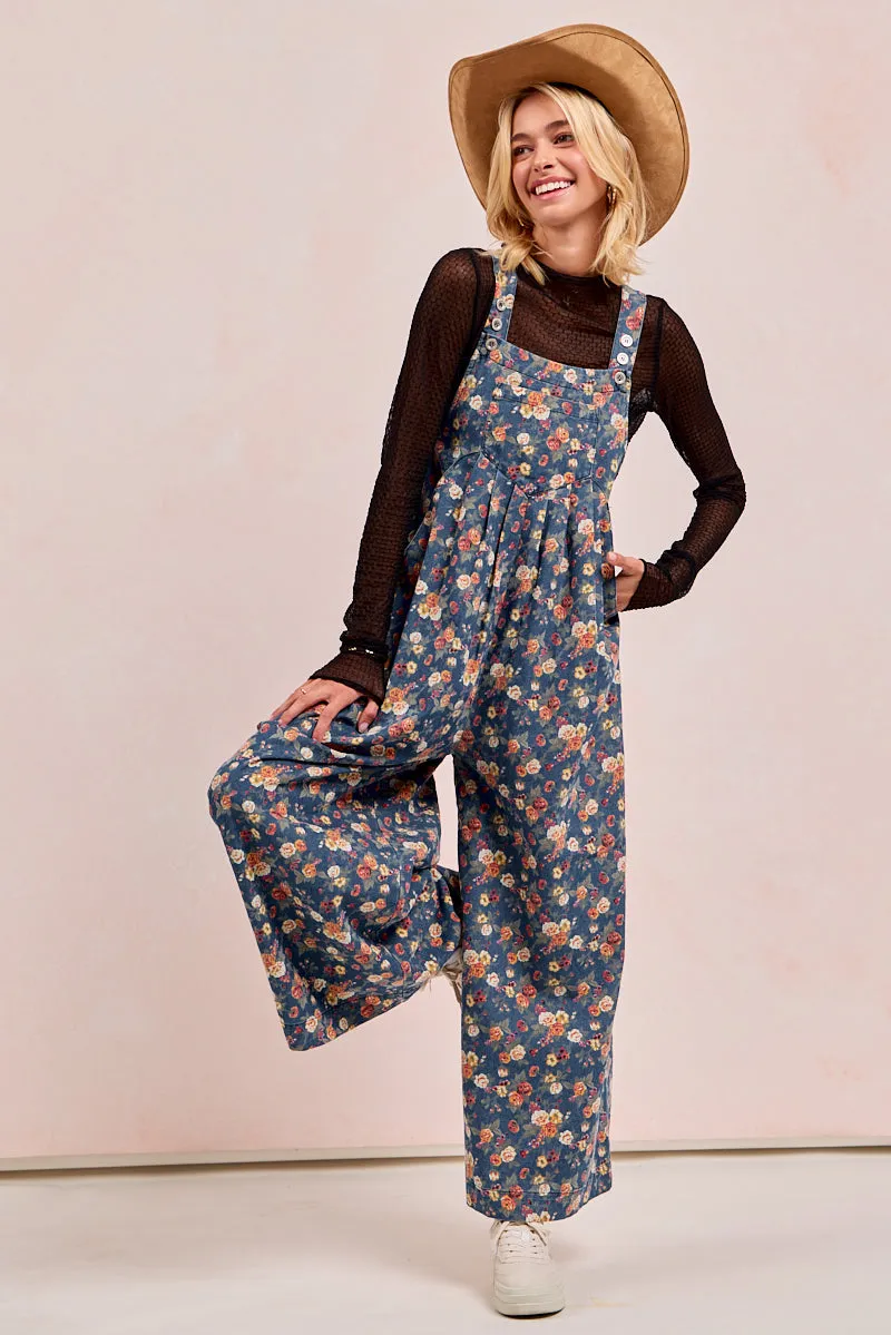 Reinforced Stitching IB1130R-63 | WASHED FLORAL PRINT DENIM OVERALL WITH PLEATS