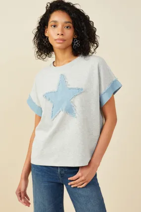 Denim Star Patch Boxy Fit Knit T Shirt Abrasion Resistant Surface