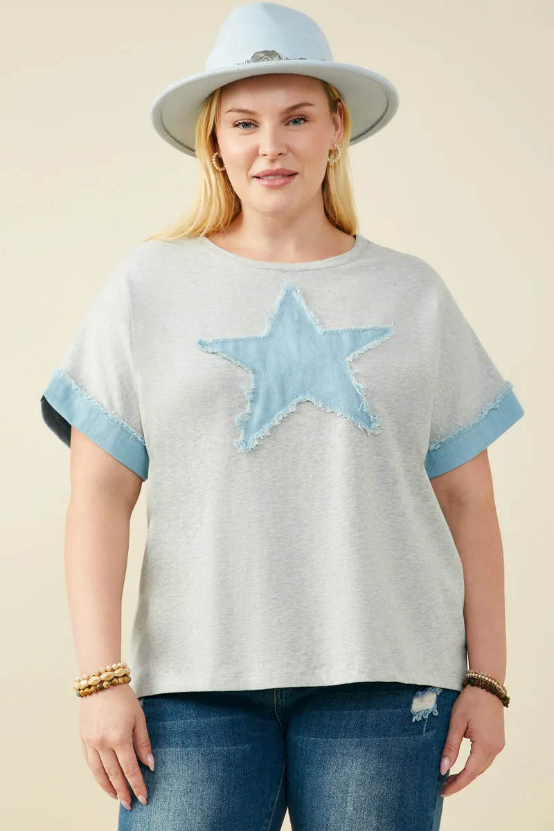 Yarn Dyed Pattern Cloth ConvertibleSleeves Denim Star Patch Boxy Fit Knit T Shirt