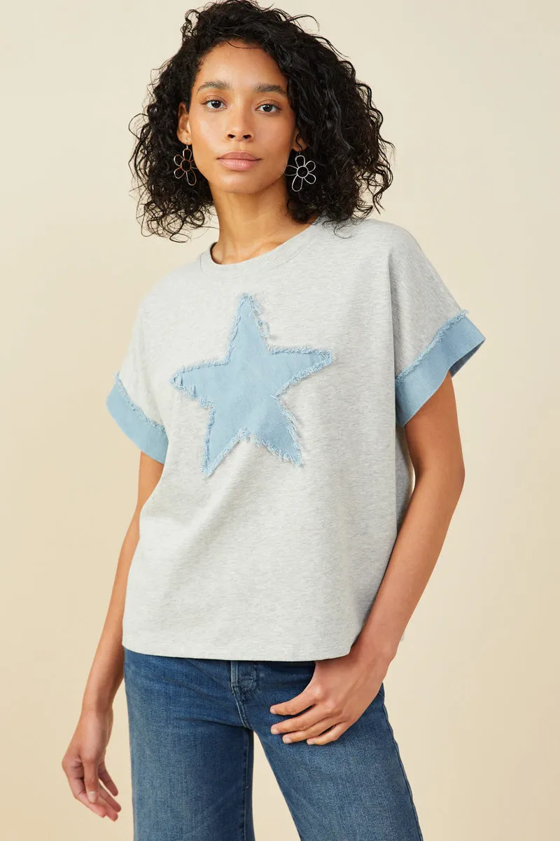 Warm Hoodie Denim Star Patch Boxy Fit Knit T Shirt