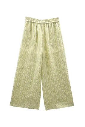 Buru x Megan Stokes Wide Leg Trouser - Green Linen Stripe Comfortable Design Ergonomic Shoulder Shape