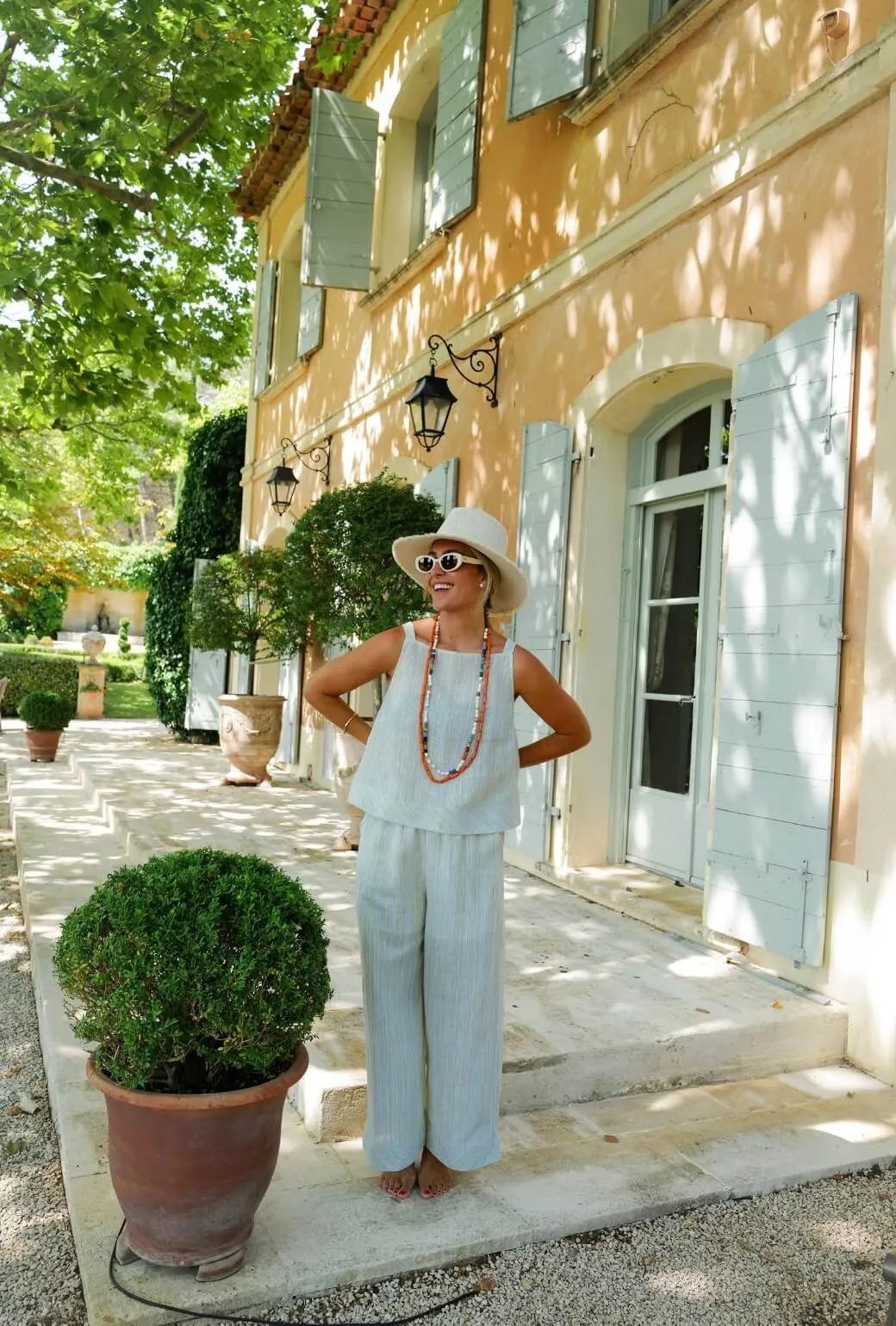 Buru x Megan Stokes Wide Leg Trouser - Green Linen Stripe Soft Touch Feel