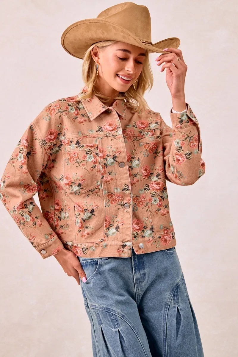Packable design IT4441S-01 | WASHED FLORAL PRINTED DENIM JACKET WITH BACK PLEAT