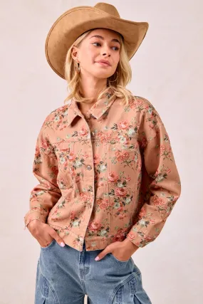 IT4441S-01 | WASHED FLORAL PRINTED DENIM JACKET WITH BACK PLEAT Multi Pocket System