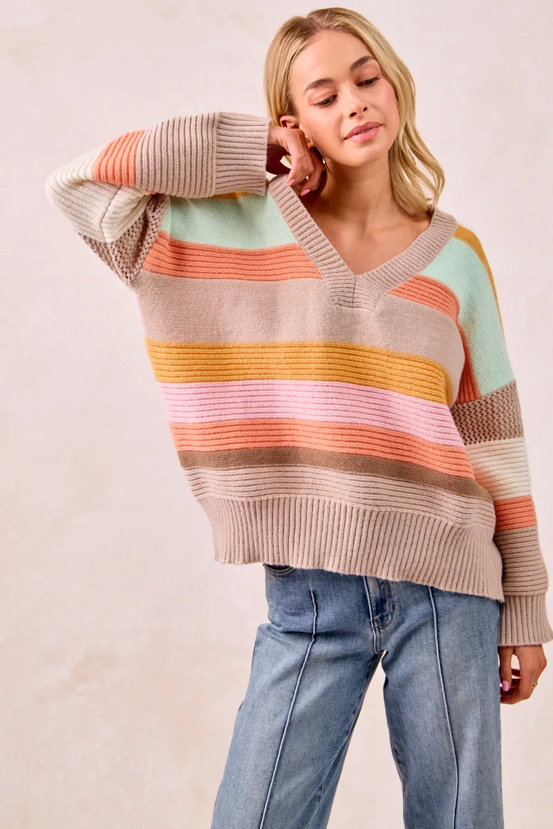 Modern Waist IT4306R-01P | MULTI COLORS STRIPES RIB BANDED V-NECK SWEATER TOP