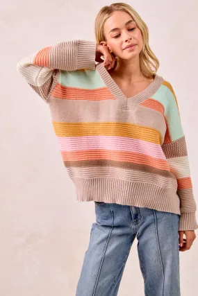 Modern Waist IT4306R-01P | MULTI COLORS STRIPES RIB BANDED V-NECK SWEATER TOP