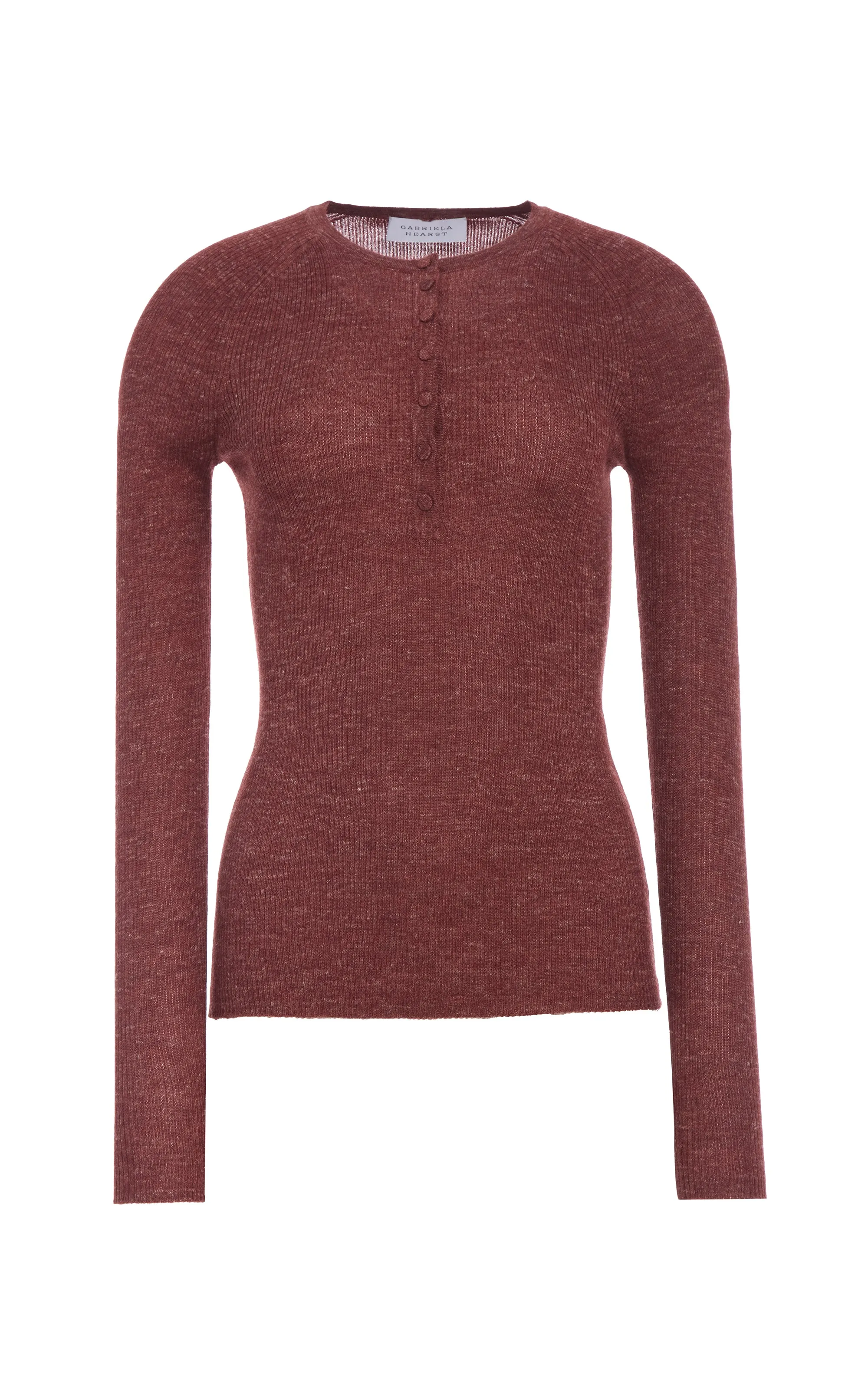 Anges Knit Henley in Burnt Sienna Cashmere Silk with Hemp RecycledPolyesterBlend Ventilated Mesh Panels