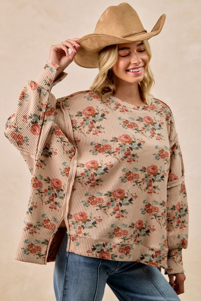 IT3426G-16 | FLORAL PRINT OVERSIZED WAFFLE THERMAL SWEATSHIRT Dark wash Tall Length