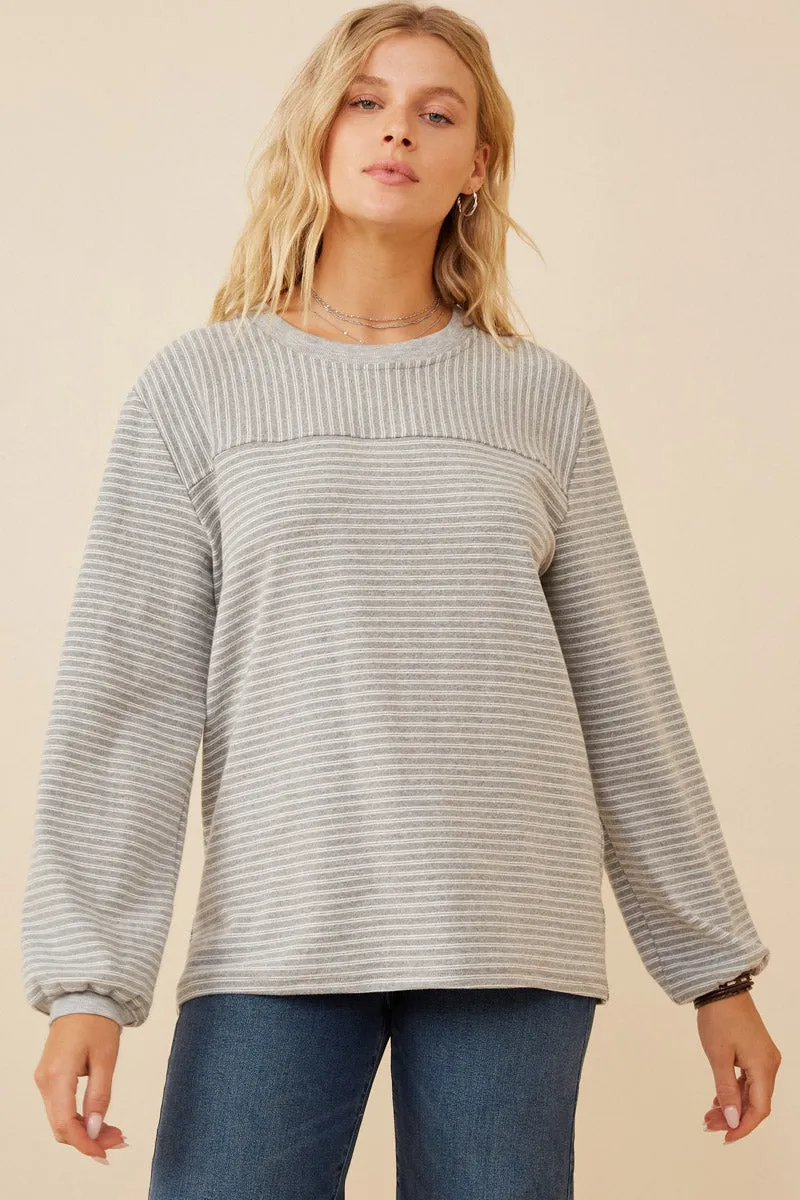 Ribbed Hem Finish Stripe Blocked Puff Sleeve Knit Top
