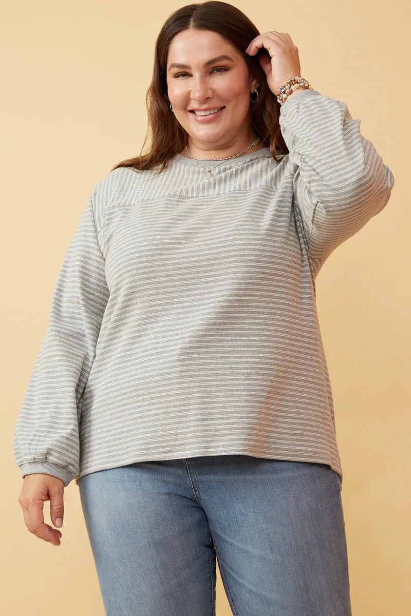RibbedCuff Stripe Blocked Puff Sleeve Knit Top