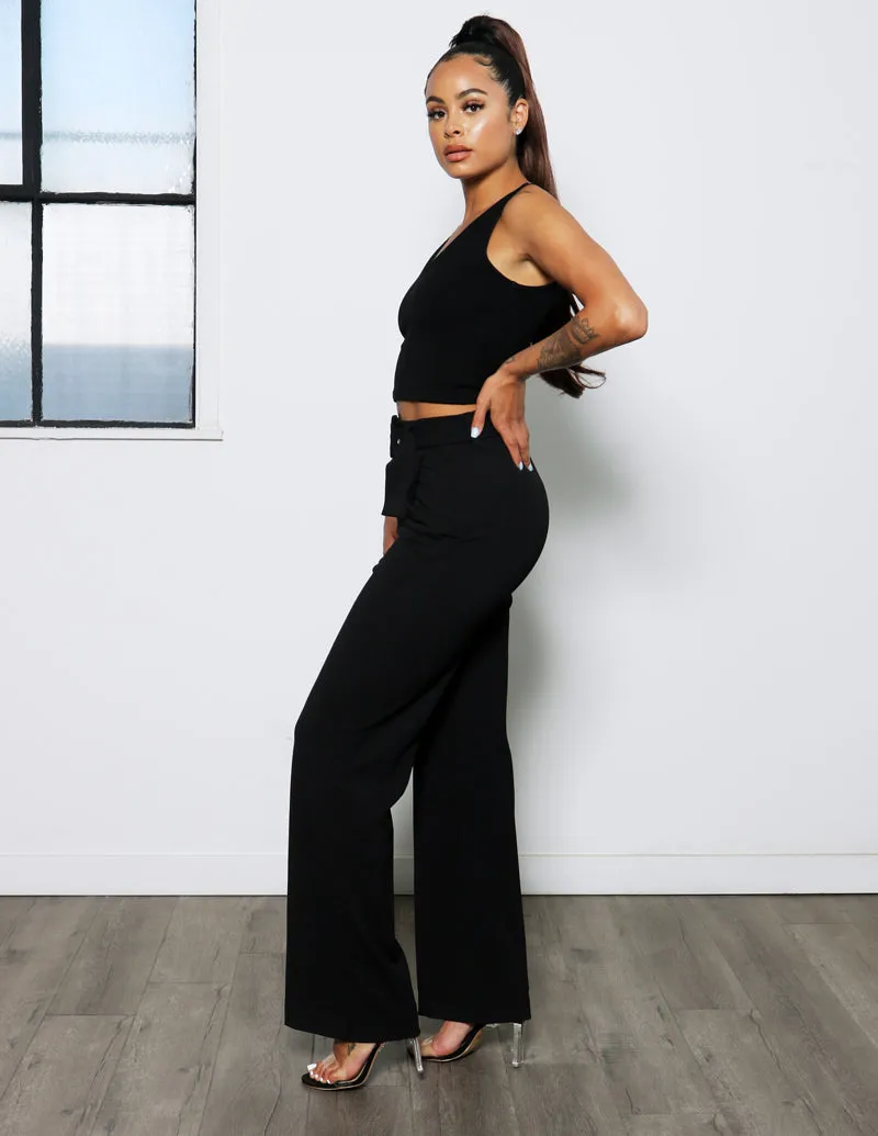 Button front High Rise Slub Crepe Wide Leg with Self Belt