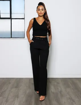 High Rise Slub Crepe Wide Leg with Self Belt TouchscreenCompatiblePockets