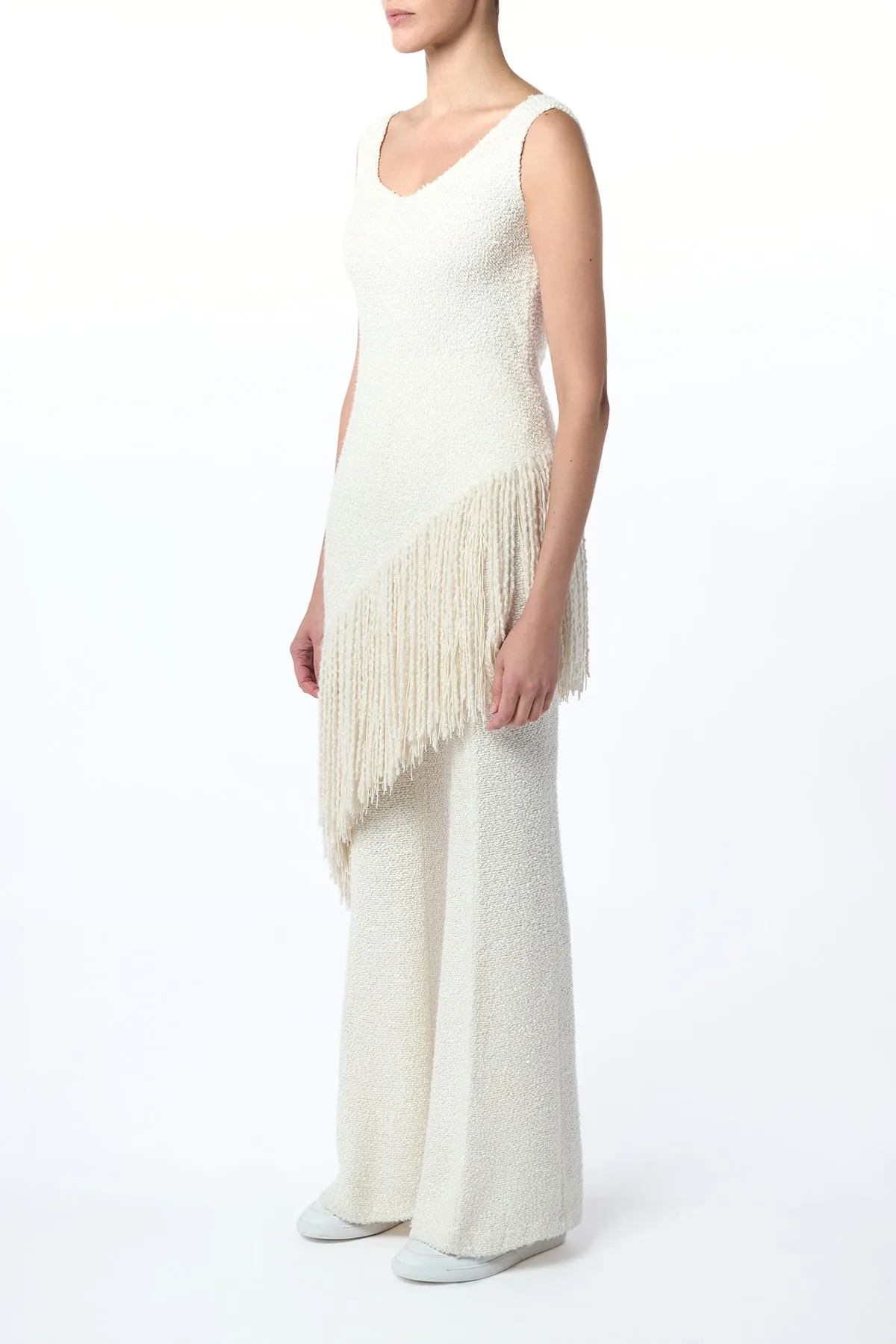 Durable Stitching Ursin Fringe Top in Ivory Silk Boucle