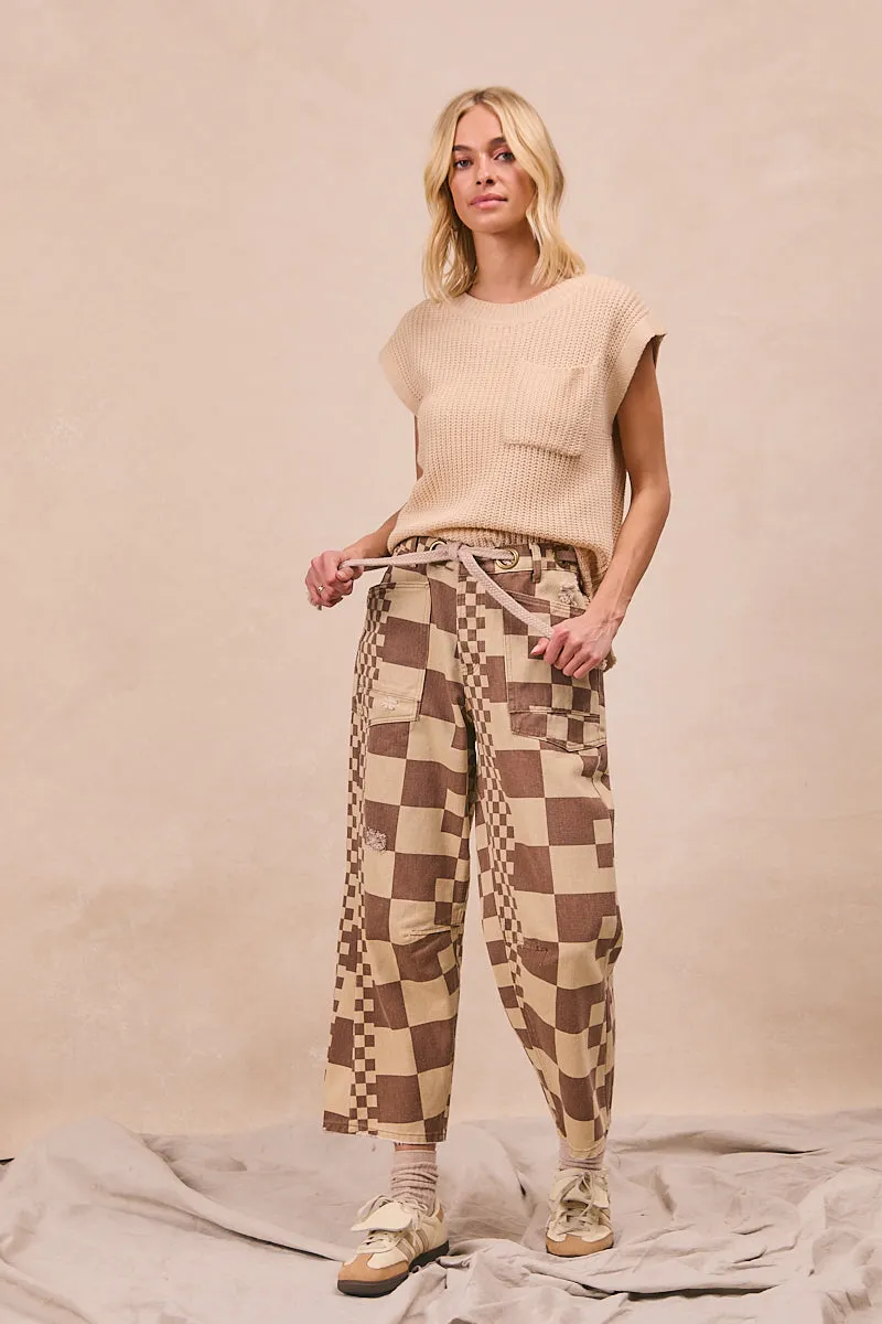 IB1537R-09 | WASHED CHECKER BOARD PRINTED BRAIDED WAIST BELT DENIM PANTS Easy Care Quick Wash
