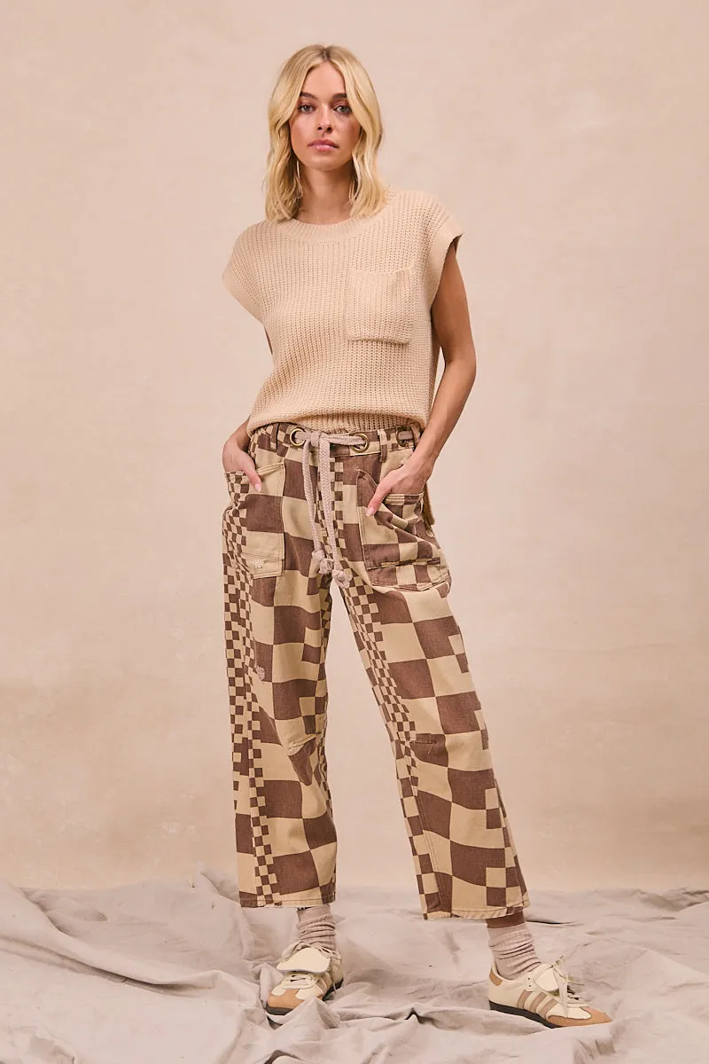 Daywear IB1537R-09 | WASHED CHECKER BOARD PRINTED BRAIDED WAIST BELT DENIM PANTS
