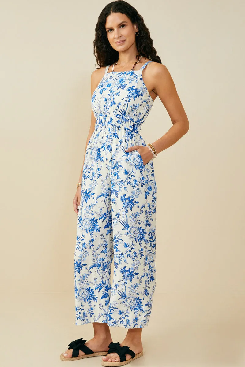 Delicate Lines Monochrome Floral Smocked Waist Jumpsuit
