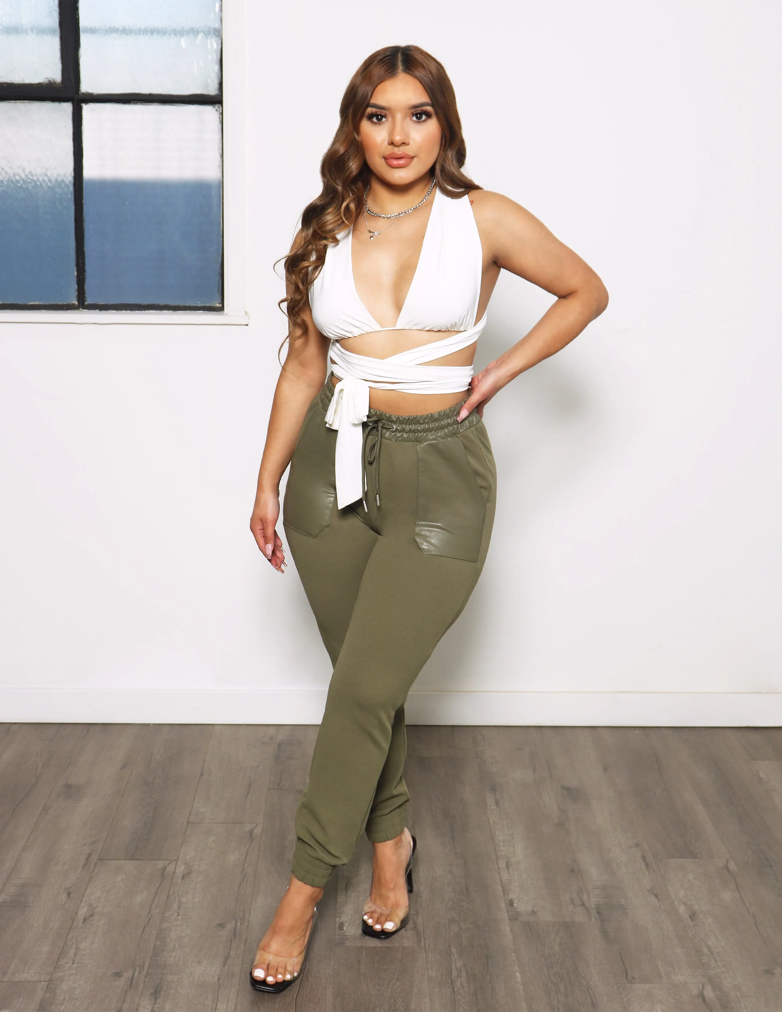 Stain Resistant Stylish Comfort Ms. Independent Knit Crepe PU Pocket Jogger