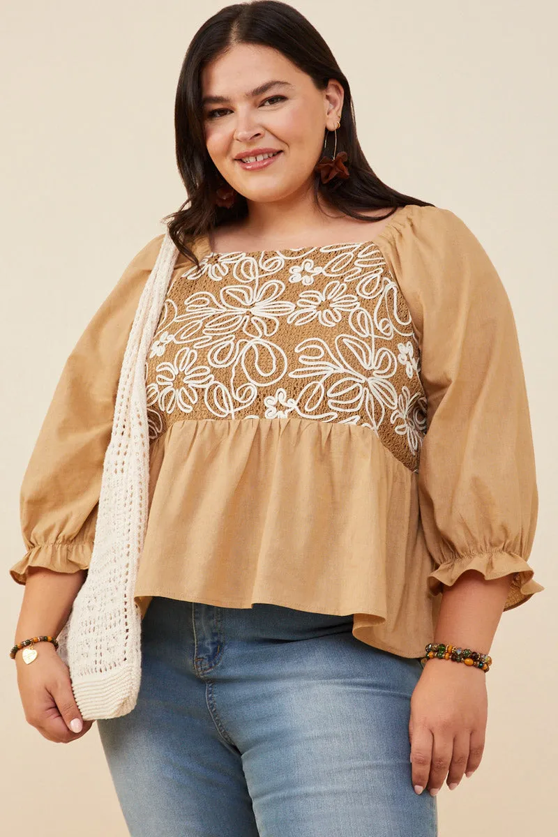 RibbedCollar Floral Embroidered Mix Media Peplum Top