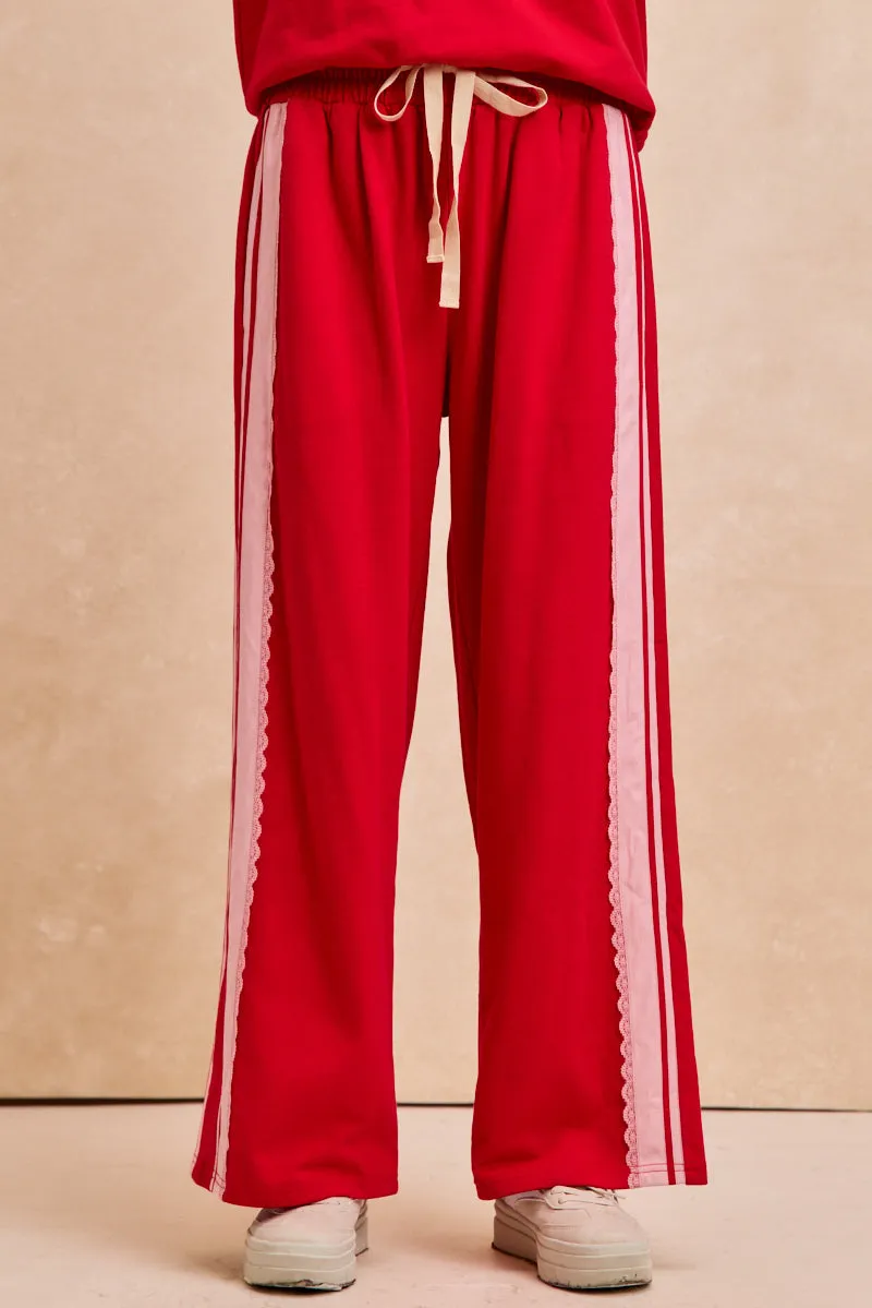 IB1806S-03 | FRENCH TERRY SIDE CONTRAST LACE TRIM PANTS Side Pockets EcoFriendlyMaterials