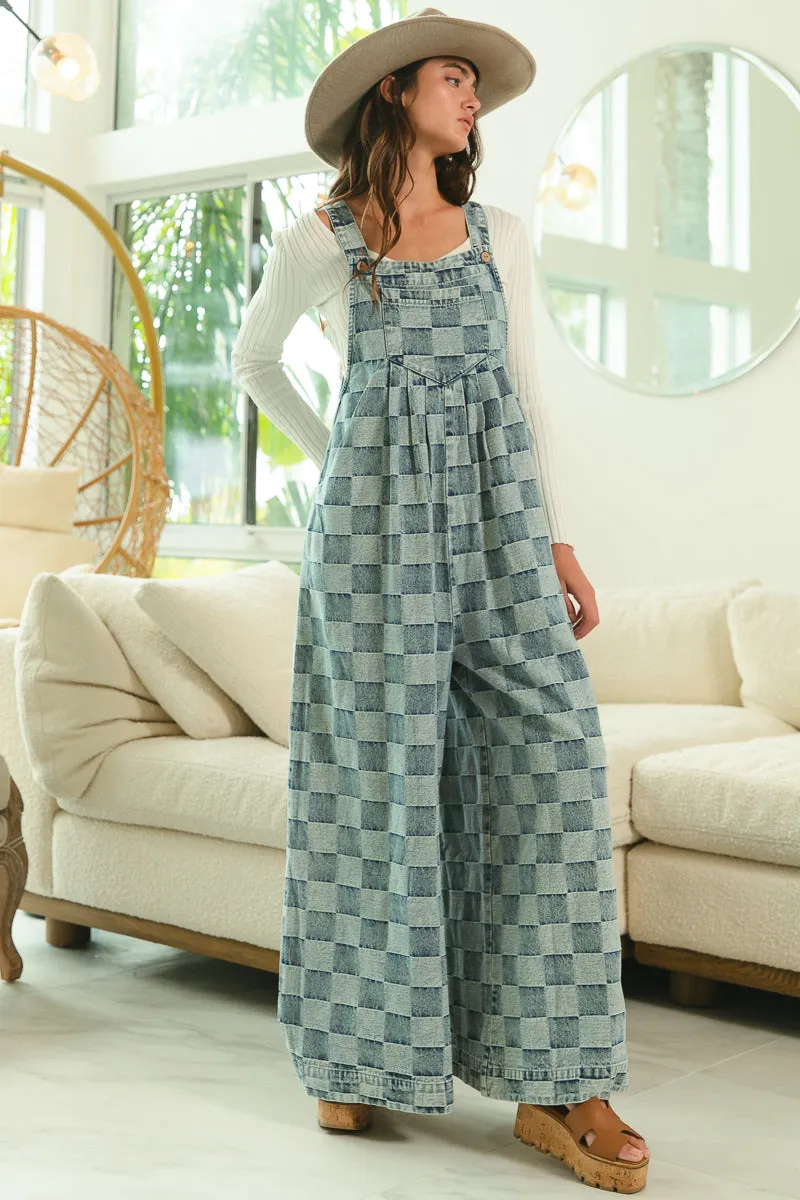IB1130G-34 | WASHED VINTAGE CHECKER WIDE LEGS OVERALLS All Day Comfort Moisture Lock Technology