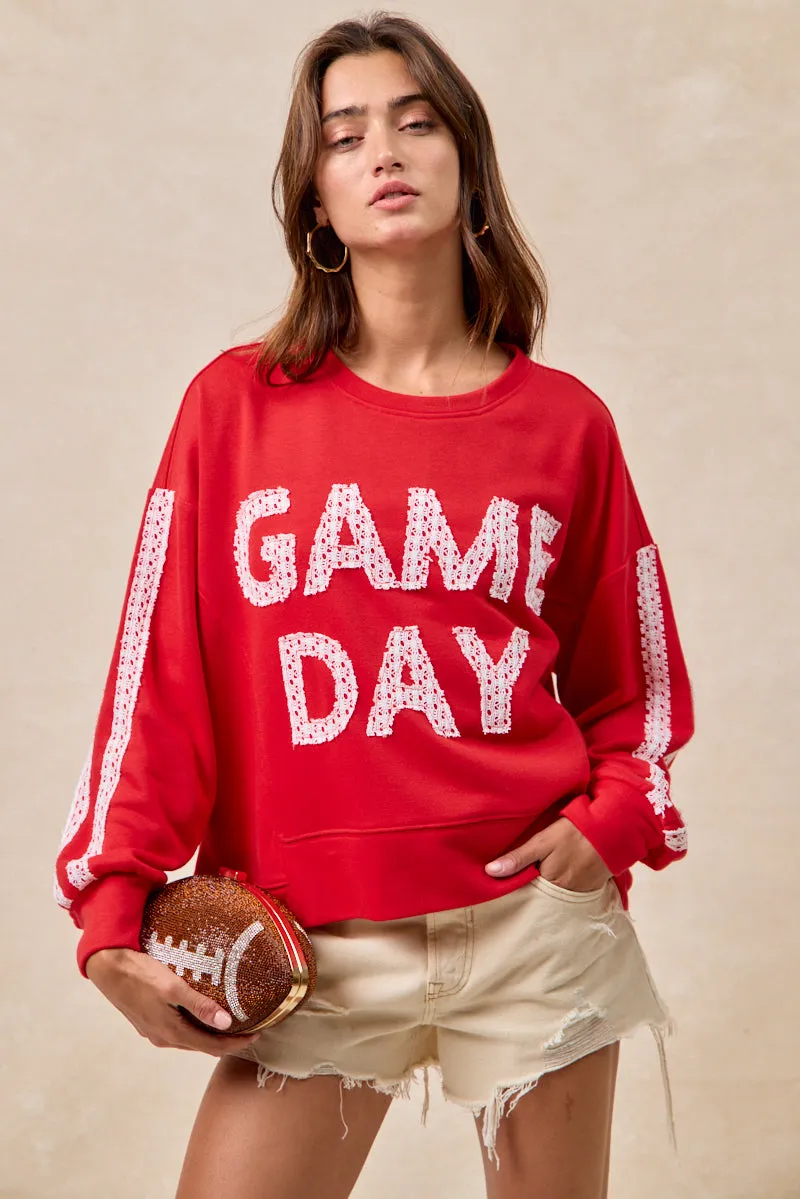 IT4583S-01 | GAMEDAY THEME LACE PATCHWORK TOP WITH UNEVEN HEM Light Outdoor Layer Seam Sealed