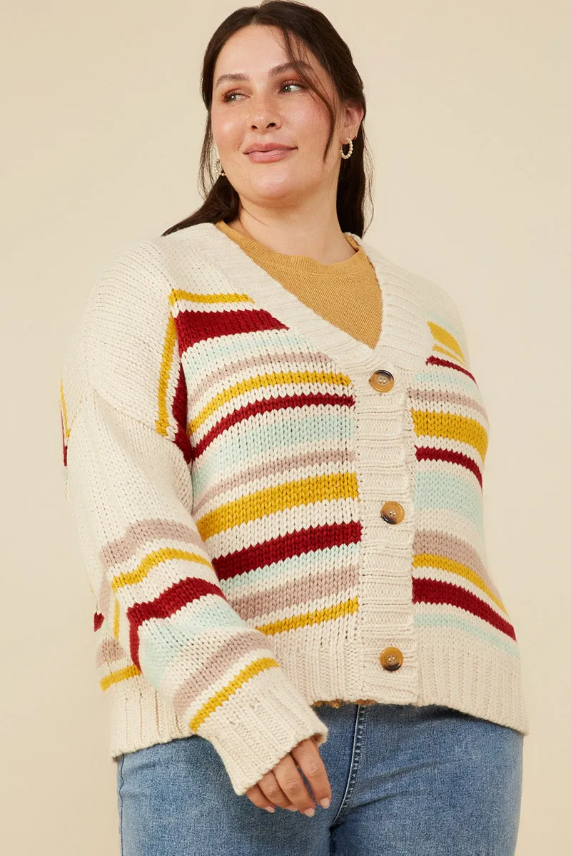 Utility Pockets Weekend Casual Multi Stripe Knit Cropped Sweater Cardigan