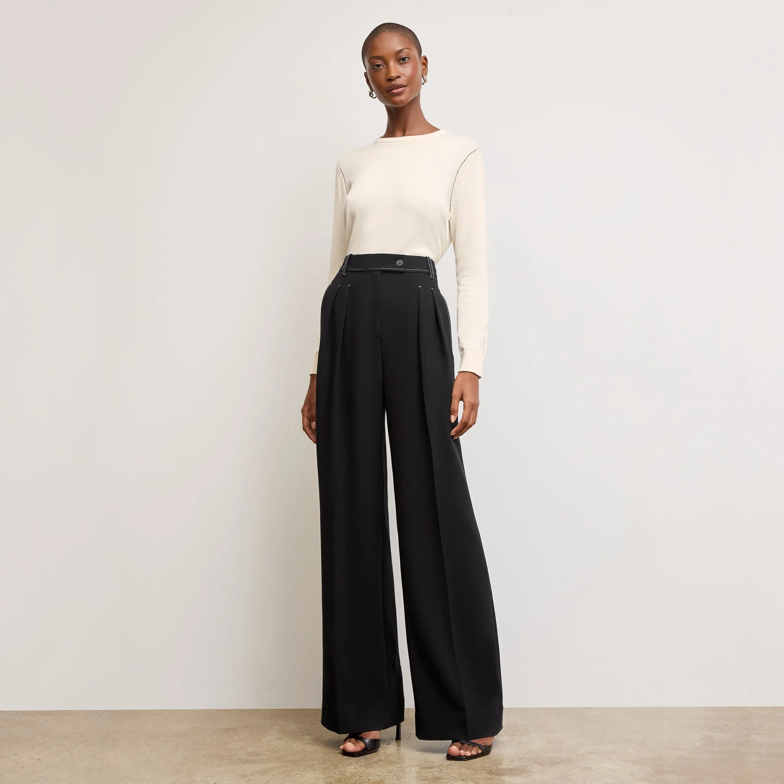 Multipurpose Layering Piece BreathableMaterial Bia Pleated Trouser - Everyday Crepe with Topstitch :: Black