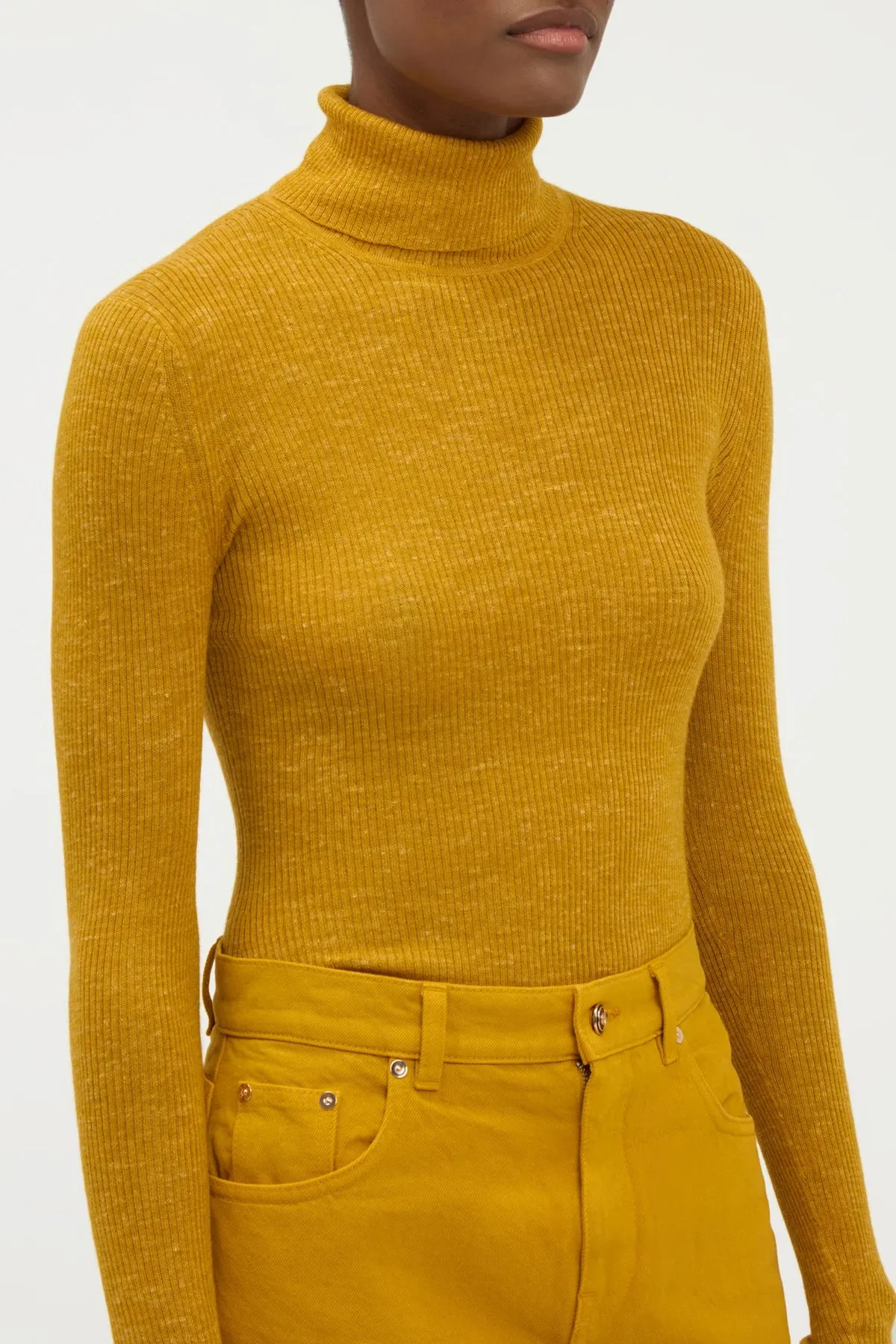 Aldona Knit Turtleneck in Golden Birch Cashmere Silk with Hemp Ribbed collar