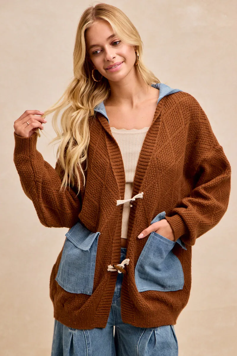 IT3086R-01 | DIAMOND PATTERNED KNITWITH DENIM COMBO CARDIGAN Thermal Insulation Core Zero Waste Cut Pattern