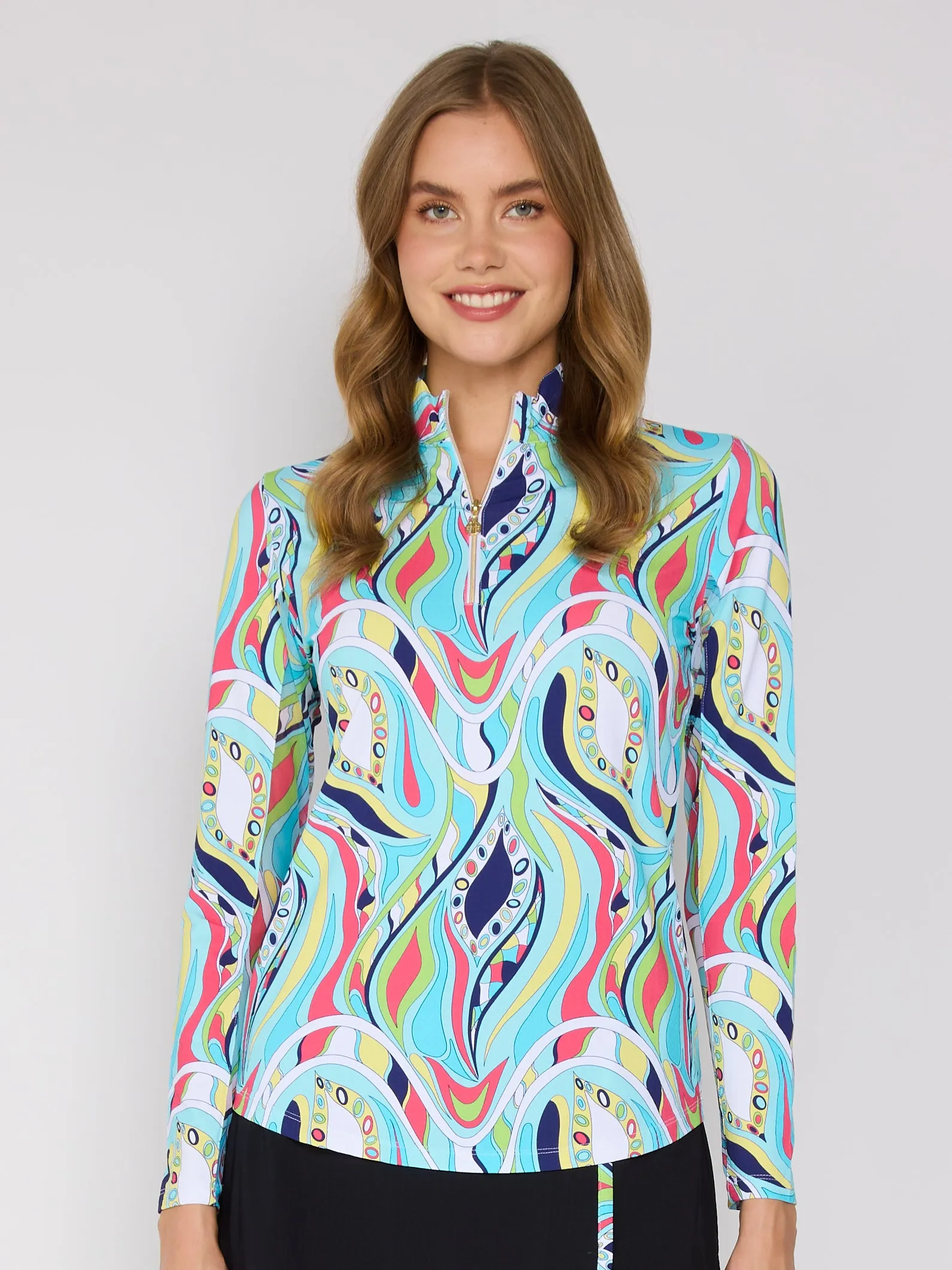 Quarter Zip Sun Protection Top In Turquoise Mirage Unstructured Fit Basic Long Sleeve