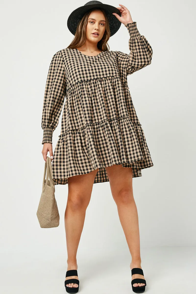 Sleek Texture Shiny Zip Smocked Cuff V Neck Tiered Plaid Dress