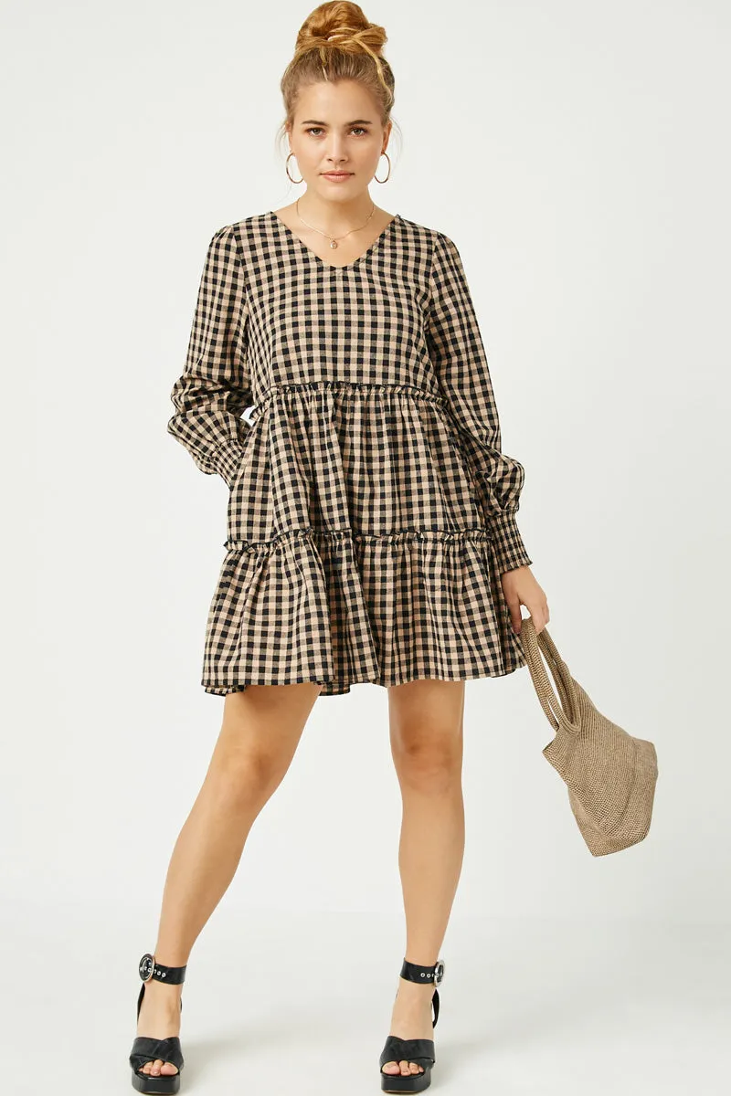 Metallic-Shine Style Upgrade Smocked Cuff V Neck Tiered Plaid Dress