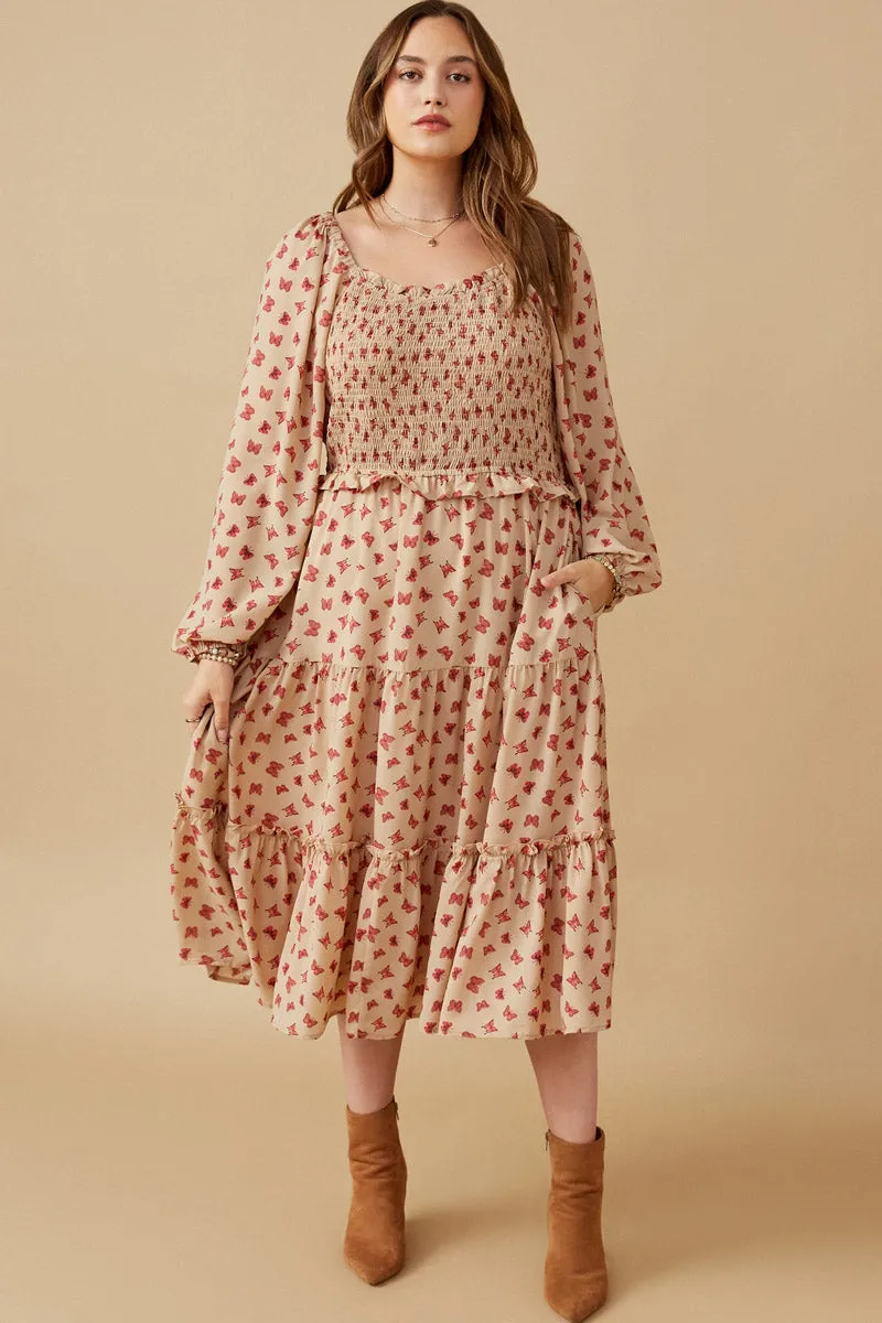 Ditsy Butterfly Print Smocked Midi Dress Dreamy Presence