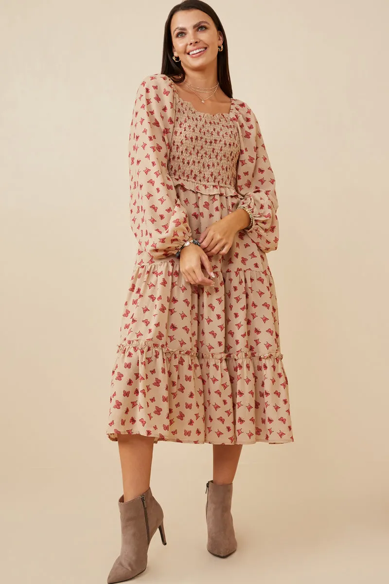 Ditsy Butterfly Print Smocked Midi Dress Light Finish Clean Outline