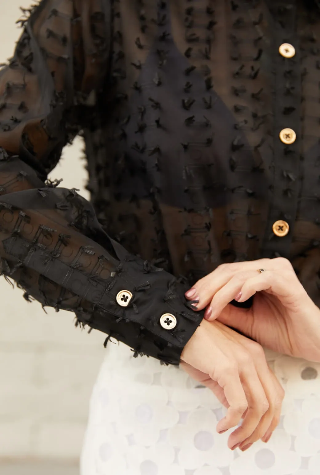 Mel Button Down Shirt - Noir Bows Eco Conscious Dye Process Sheer Overlay Material