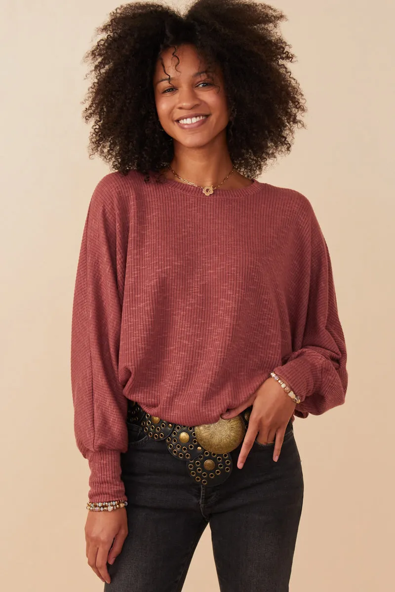 Marled Rib Soft Knit Dolman Top Sporty Sweatshirt