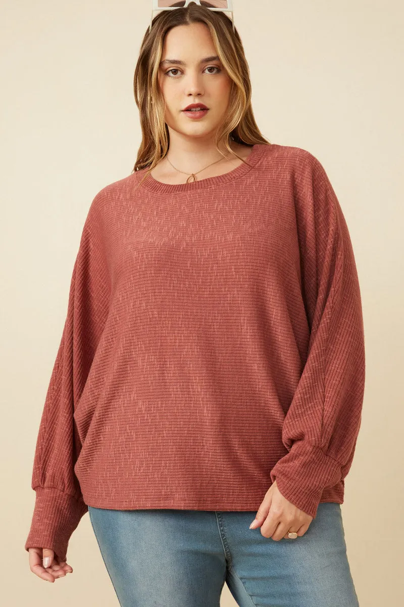 Casual Wear Low Profile Waistband Integration Marled Rib Soft Knit Dolman Top