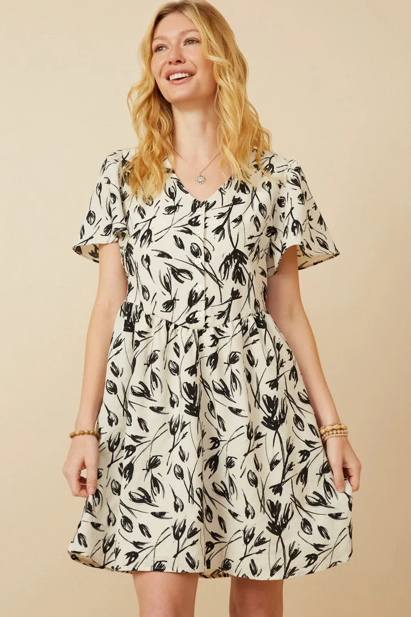 Semi Casual Smooth-Lining Monochromatic Floral Buttoned Dress