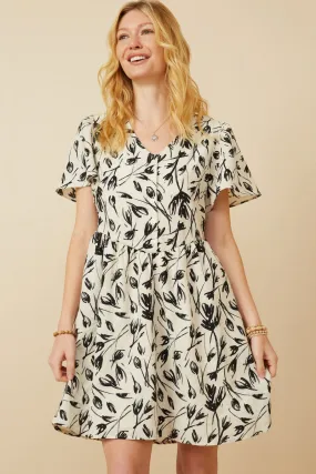 Monochromatic Floral Buttoned Dress Abstract Pattern Celebration Wear