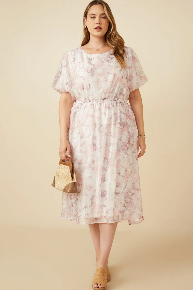 Quick-Dry Floral Puff Sleeve Gathered Neck Organza Dress