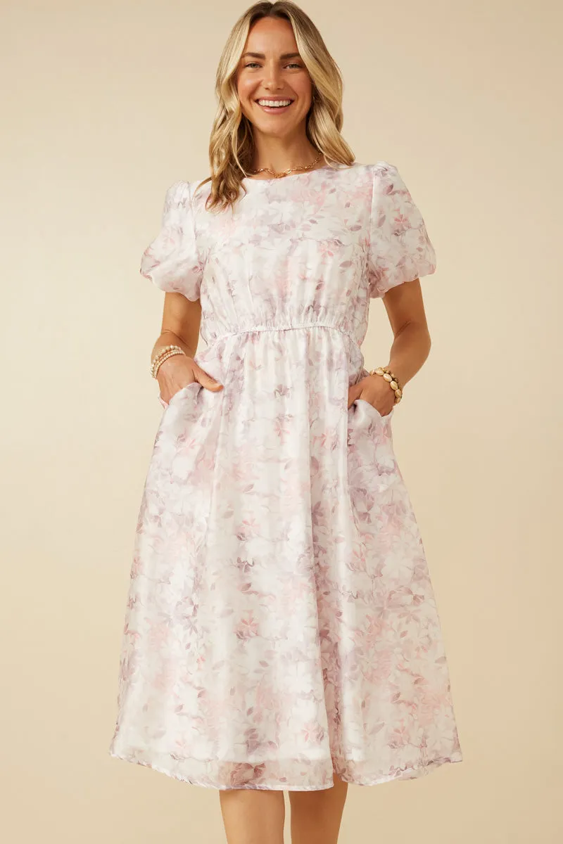 Floral Puff Sleeve Gathered Neck Organza Dress Summer Ready