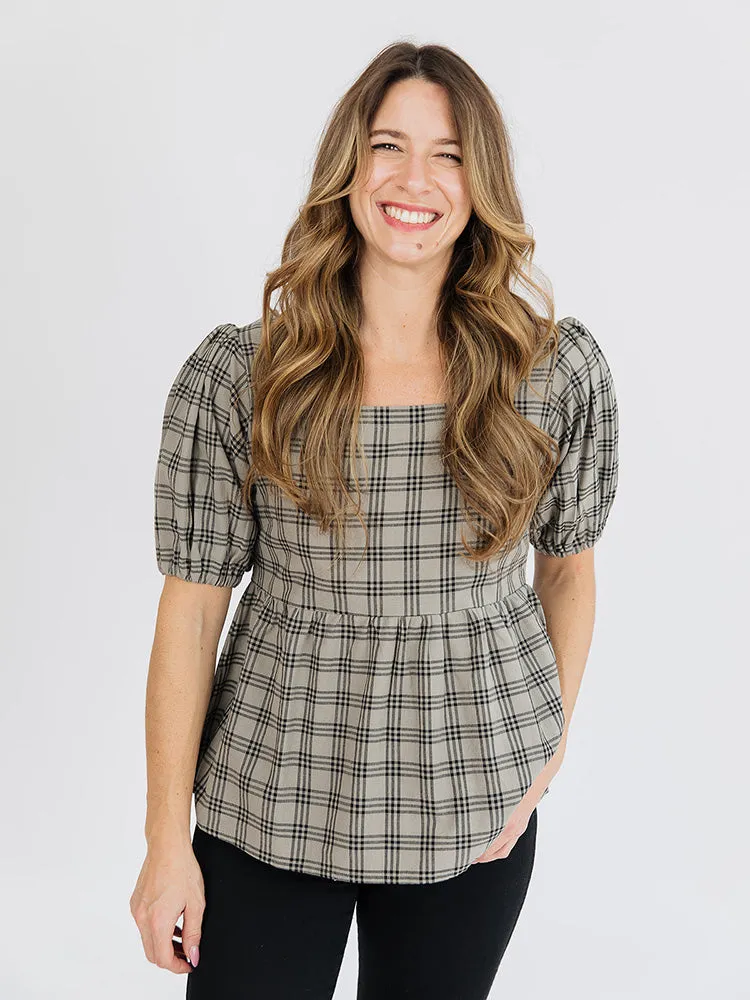 Nico Babydoll Top - Cement Plaid ReflectiveAccents