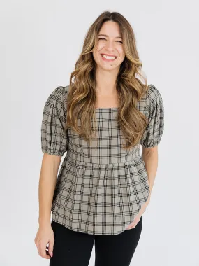 RelaxedNeckline Nico Babydoll Top - Cement Plaid