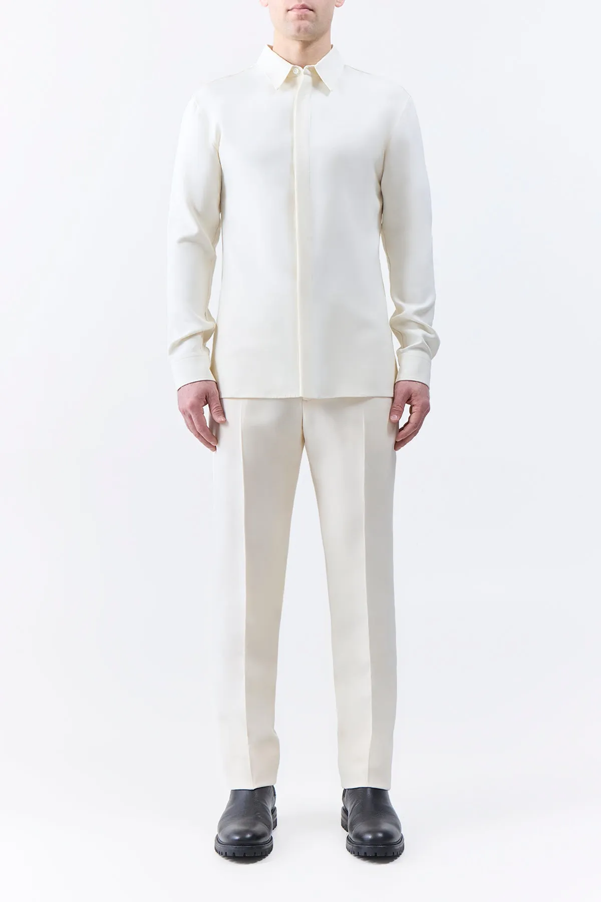 Nicolas Shirt in Ivory Silk Wool Cady Minimalist Aesthetic Detailing