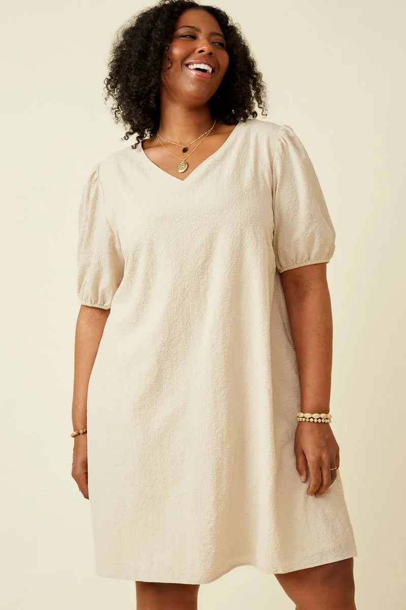Seersucker Textured V Neck Puff Sleeve Dress Chic Spirit