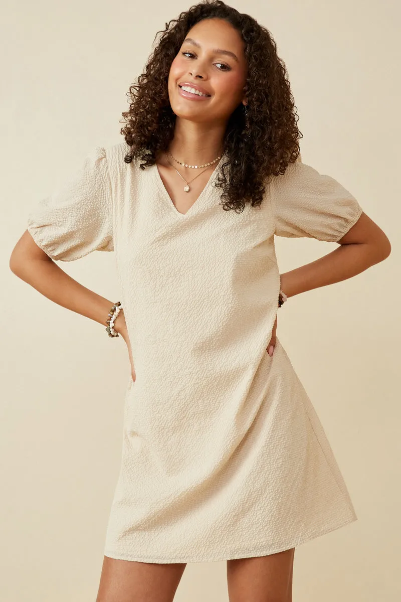 Seersucker Textured V Neck Puff Sleeve Dress Fresh Tones Winter Classic