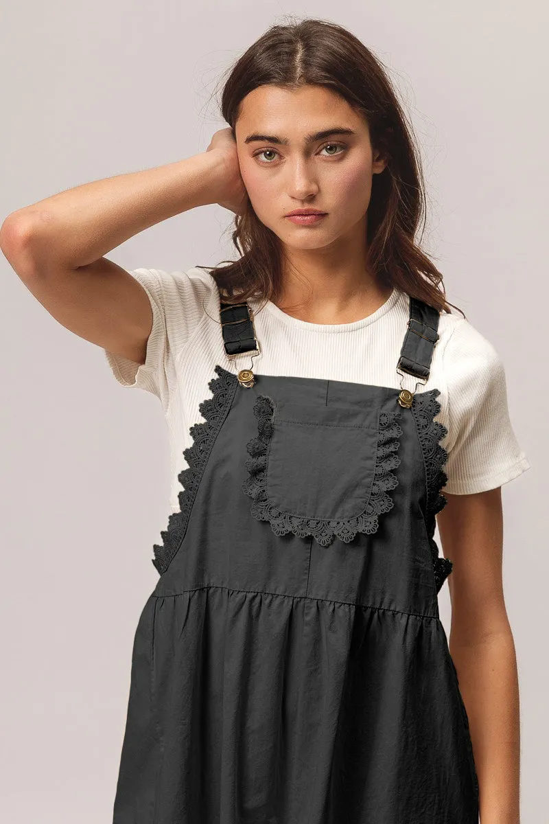 IB1333G-01 | BACK PATCH POCKET LACE SHORTALLS Wrinkle Free Fabric