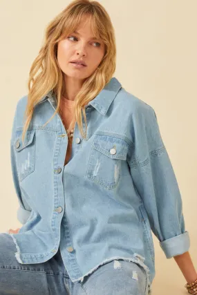 Full Zip Closure Distressed Oversized Denim Jacket