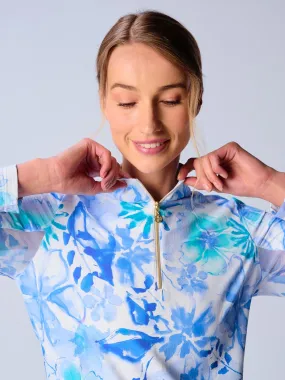 Petal Sleeve Architecture Quarter Zip Sun Protection Top In Watercolor Flower
