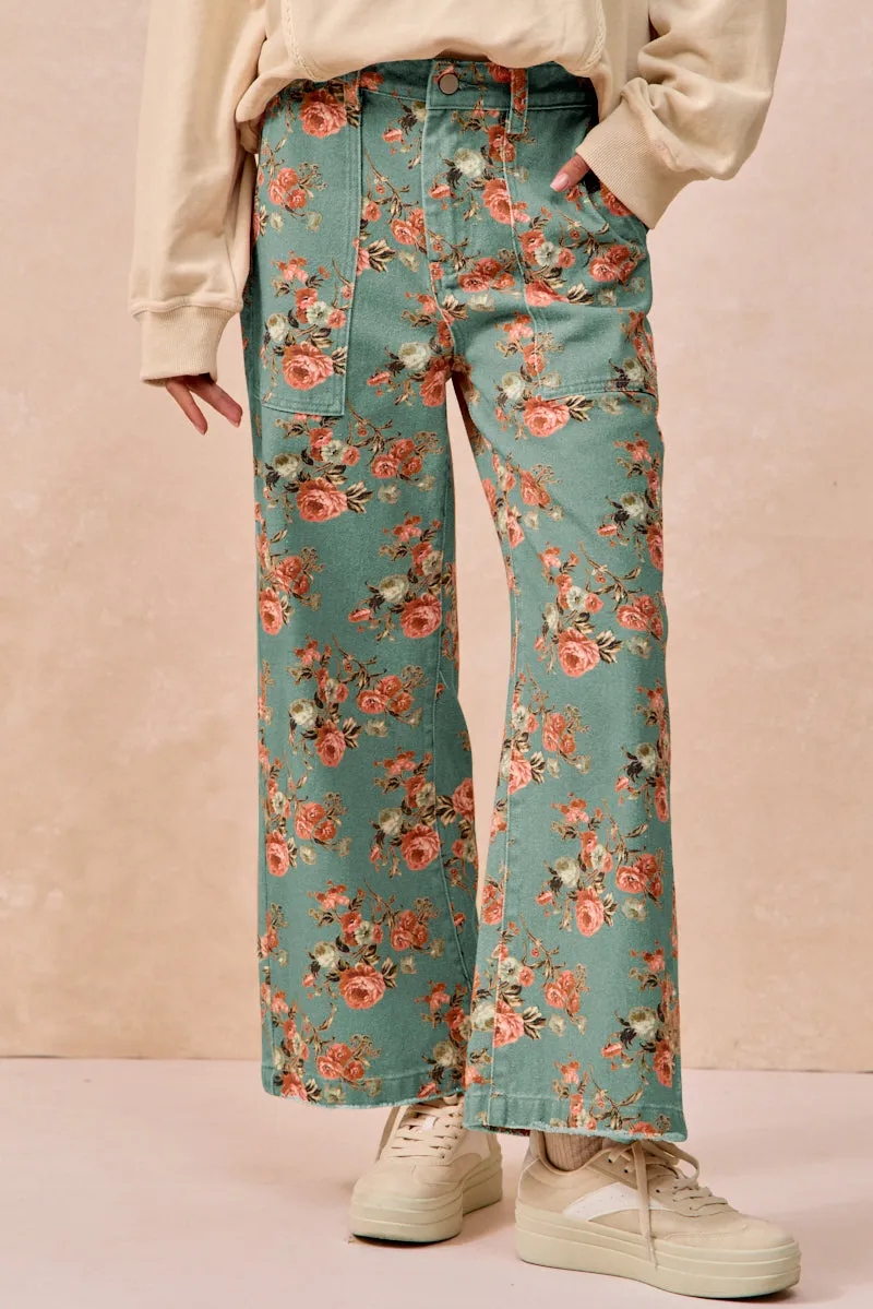 Simple Silhouette IB1818S-02 | WASHED FLOWER PRINTED WIDE JEANS